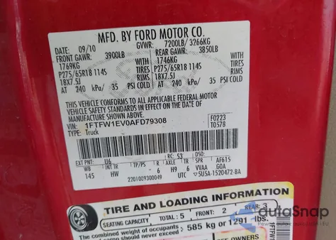 2010 Ford F-150 Fx4/Harley-Davidson/King Ranch/Lariat/Platinum/Xl/Xlt from USA, damaged, VIN 1FTFW1EV0AFD79308